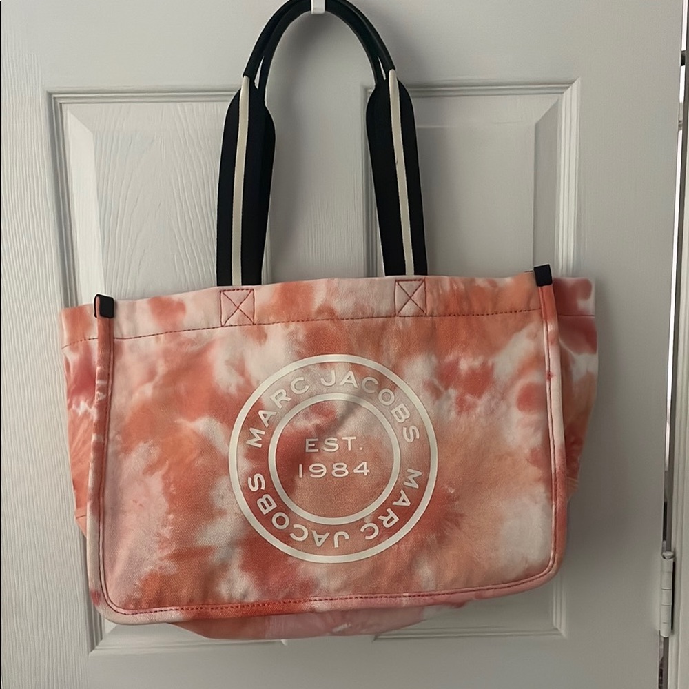 Marc Jacobs Orange and White Tote Bag with Striped Handles